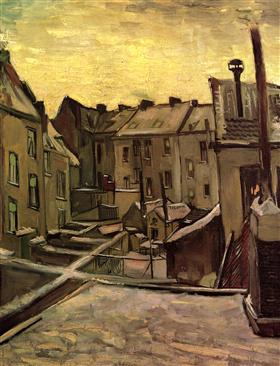 Patios traseros de las casas viejas en Amberes en la nieve, Vincent van Gogh