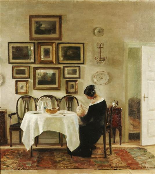 Mother and Child in a Dining Room Interior - Carl Holsøe