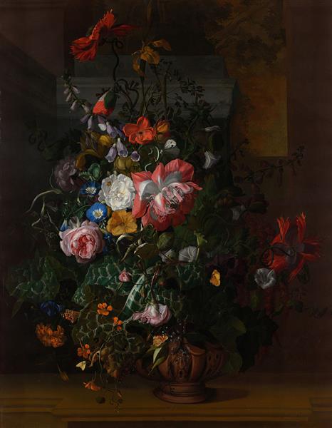 Flowers in a Terracotta Vase on a Stone Balustrade, 1688 - Рахел Рюйш