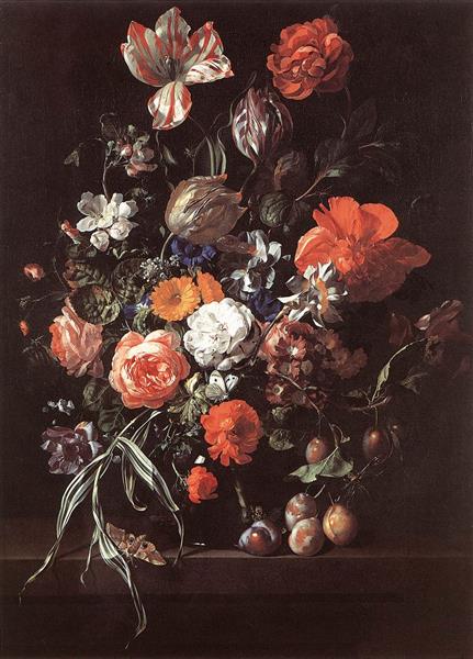Roses, Tulips, Ranunculus and Other Flowers in a Glass Vase, with Plums, 1704 - Рахел Рюйш