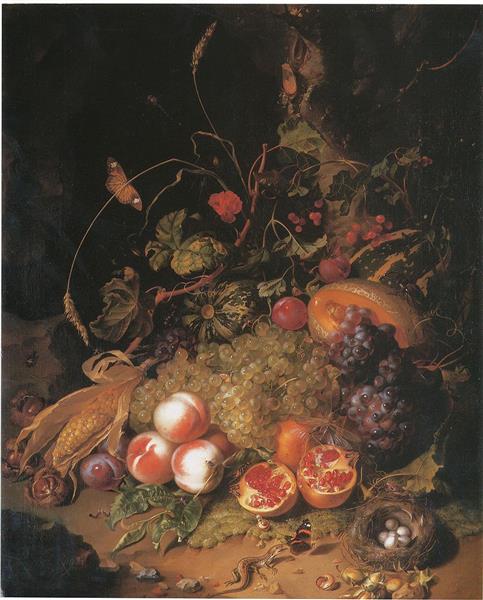 Still Life with Fruit a Nest and a Lizard, 1710 - Рашель Рюйш