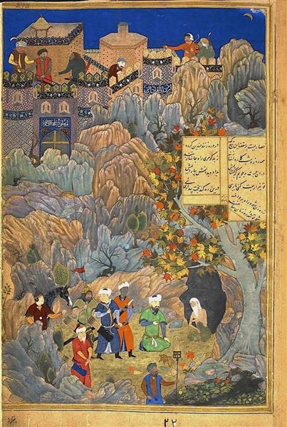 Iskandar, in the Likeness of Husayn Bayqara, Visiting the Wise Man in a Cave., 1495 - Behzād
