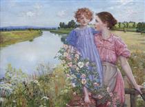A Mother and Child by a River, with Wild Roses - Mildred Anne Butler