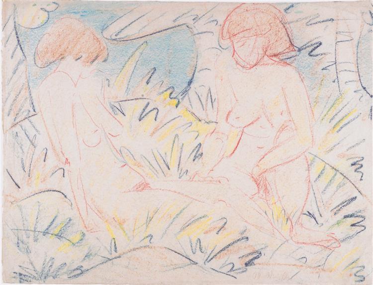 Zwei Mädchen, Die Eine Halb Im Gras Liegend, 1924 - Отто Мюллер