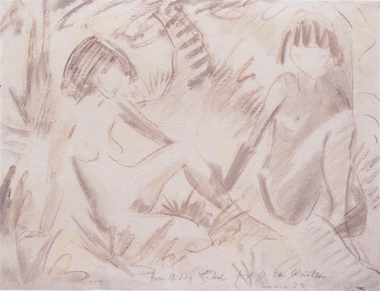 Zwei Sitzende Mädchenakte Im Freien, 1923 - Отто Мюллер