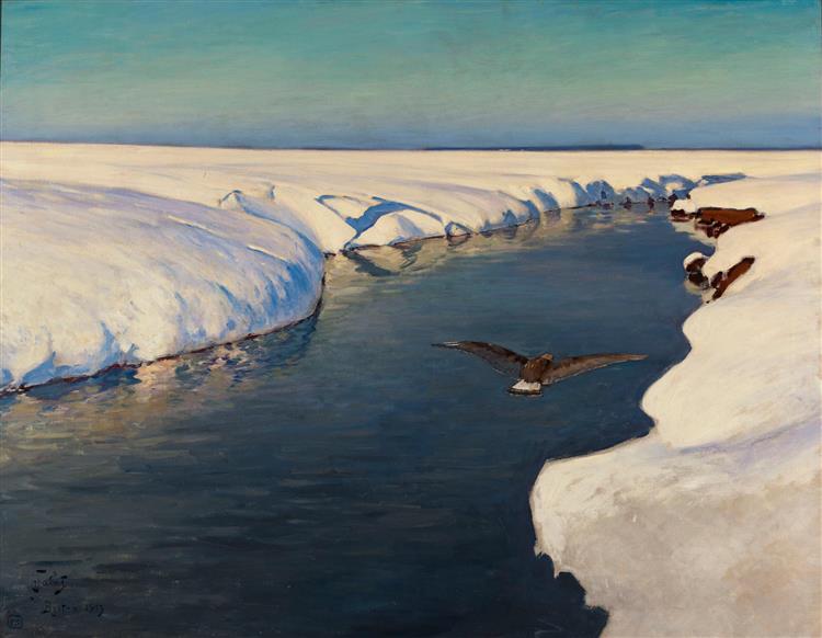 Winter Landscape With River And Bird, 1913 - Юлиан Фалат