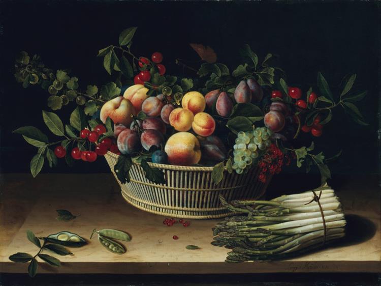 Still Life with a Basket of Fruit and a Bunch of Asparagus, 1630 - Луїза Муайон