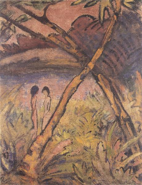 Zwei Mädchenakte Und Gekreuzte Stämme Am Waldteich, 1920 - Otto Mueller