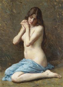 a Seated Nude with a Blue Drape - Alexandre-Jacques Chantron