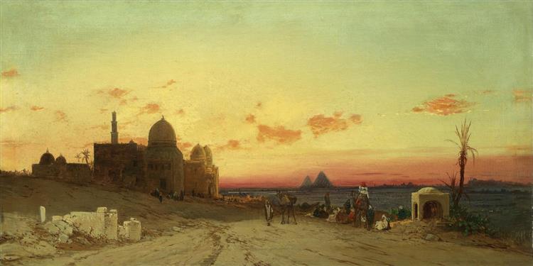 A View of the Tomb of the Caliphs with the Pyramids of Giza Beyond, Cairo - Hermann David Salomon Corrodi