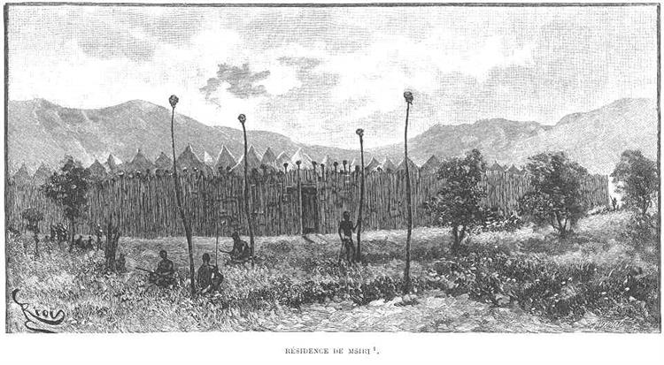 Msiri's Compound at Bunkeya. the Objects on Top of the Four Poles, Around Which Some of Msiri's Warriors are Gathered, are Heads of His Enemies. More Skulls are on the Stakes Forming the Stockade., 1892 - Edouard Riou