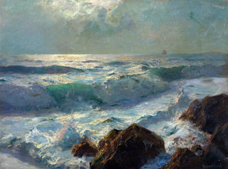 Sea and Rocks, Moonlight - Julius Olsson