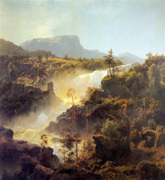 Tessefossen I Vågå I Middagsbelysning, 1848 - Hans Gude