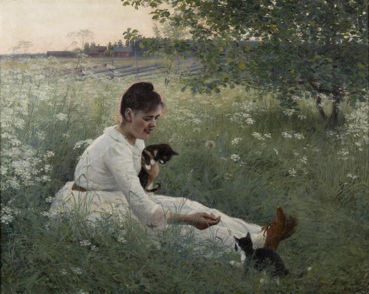 Girl with Cats in a Summer Landscape - Elin Danielson-Gambogi