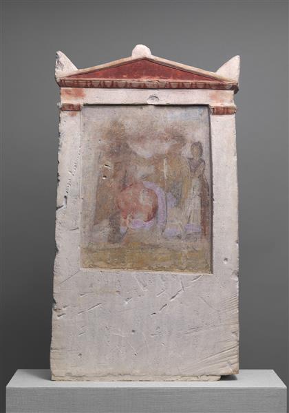 Painted Limestone Funerary Stele with a Woman in Childbirth, c.300 BC - Ancient Greek Painting and Sculpture