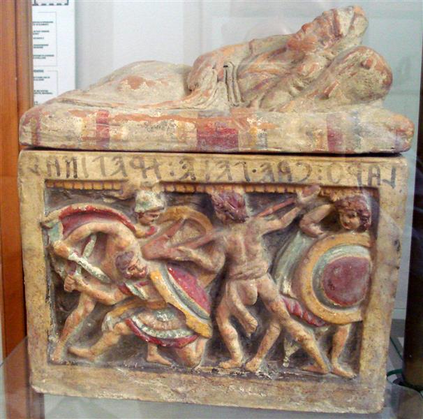 Terracotta Etruscan Cinerary Urn, Displaying a Scene of Fight Around the Ara, c.150 AC - Ancient Greek Painting and Sculpture