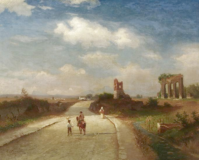 Travelers on a dirt road on the Roman Campagna - Carl Gustav Rodde