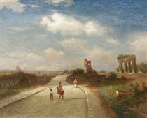 Travelers on a dirt road on the Roman Campagna - Carl Gustav Rodde