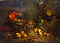 Parrots and Fruit with Other Birds and a Squirrel - Tobias Stranover