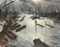 View on the Thames (Tower Bridge from the Pool of London) - C.R.W. Nevinson