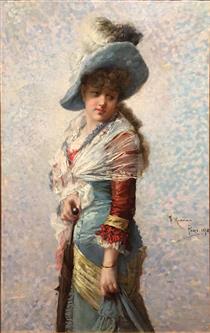Portrait of a Woman with a Shawl, a Hat, and a Parasol - Francesc Masriera