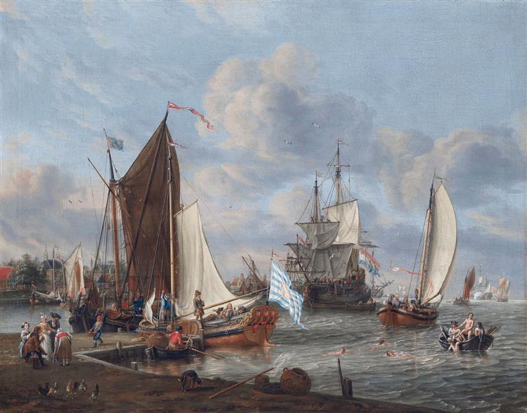 A Dutch Harbour Scene with Ships and Bathers - Abraham Storck