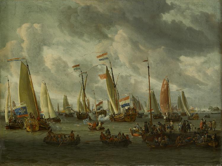 A Mock Sea Battle on the Ij, in Honour of the Russian Ambassadors-mock Battle on the Ij on the Occasion of Czar Peter the Great's Visit, 1 September 1697 - Abraham Storck