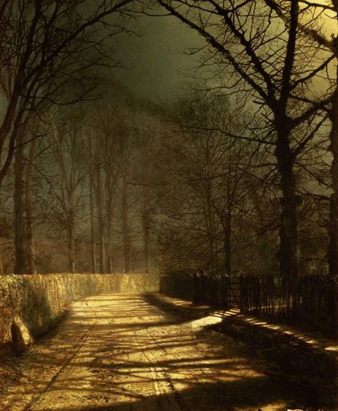 A Moonlit Lane with Two Lovers by a Gate - John Atkinson Grimshaw