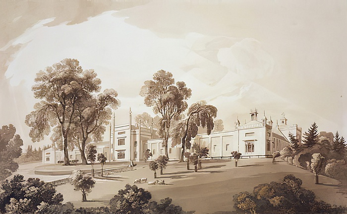 View of the Farm House with Screen to Stables and Farm Buildings to Sezincote House, 1818 - John Martin