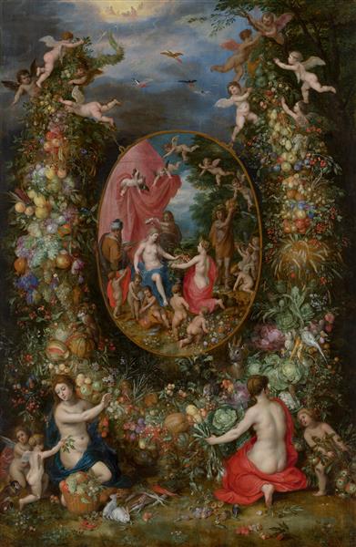 Krans van vruchten rond een voorstelling met Cybele die geschenken ontvangt van personificaties van de vier jaargetijden - Jan Brueghel the Elder