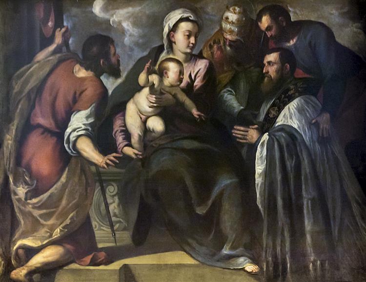 The Parish Priest Da Ponte in front of the Virgin, Saint Mark, Saint Sylvester and Saint James, 1575 - Palma il Giovane