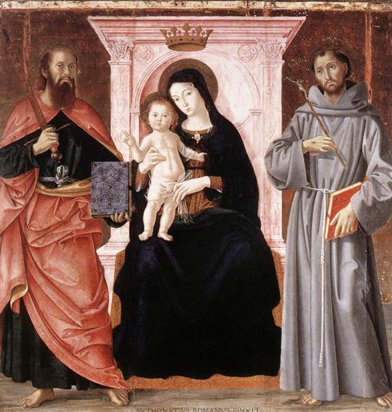 Madonna Enthroned with the Infant Christ and Saints Paul and Francis of Assisi, 1487 - Антониаццо Романо