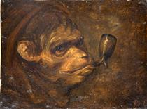 Monkey head smoking a pipe - Alexandre-Gabriel Decamps