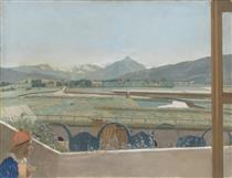 View of the Mont Blanc massif from the artist's studio in Geneva, with self-portrait - Jean-Étienne Liotard