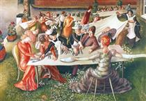 Christ Preaching at Cookham Regatta: Dinner on the Hotel Lawn - Stanley Spencer