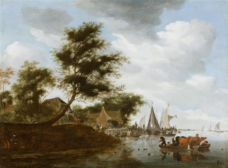 River Landscape with Ferry, 1661 - Саломон ван Рёйсдал