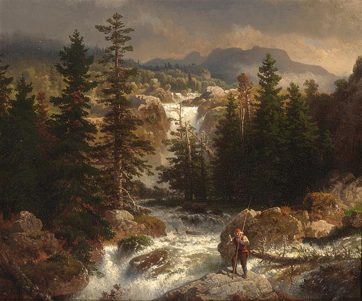 A Fisherman Inspecting His Catch near a Mountain Torrent - Andreas Achenbach