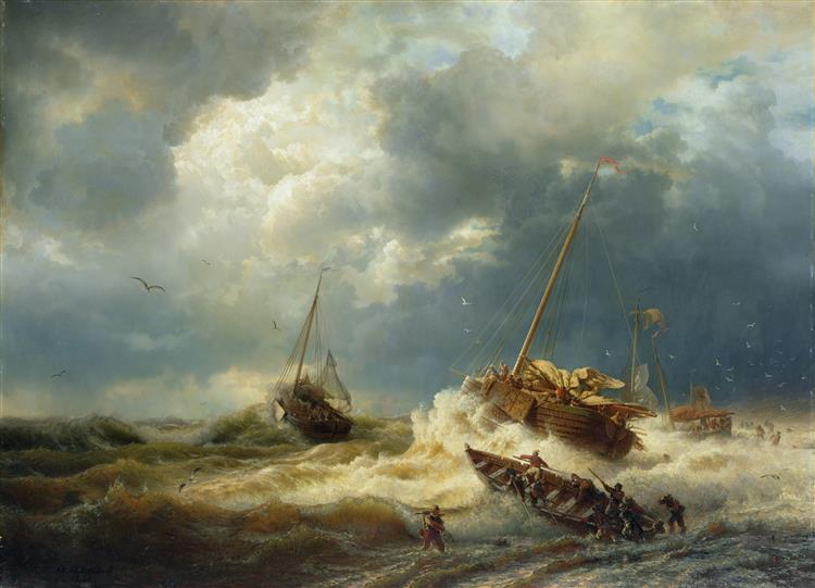 Ships In A Storm On The Dutch Coast, 1854 - Андреас Ахенбах