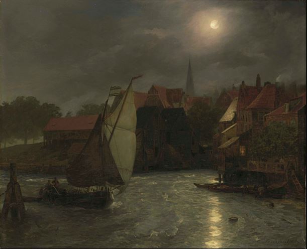 Boats on a Canal, Moonlight - Андреас Ахенбах