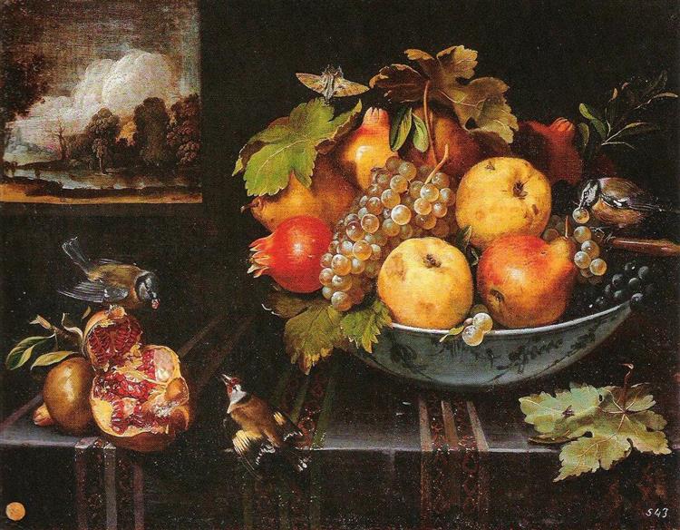 Stillleben Mit Obstschale, Vögeln Und Fensterausblick, 1623 - Juan van der Hamen