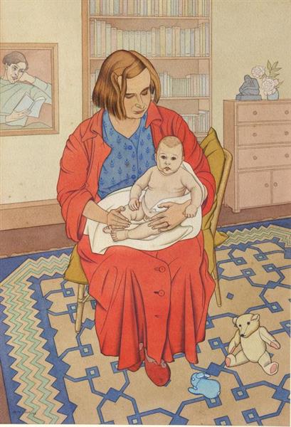 Mother and Child (Jean and Anton Jones with Portrait of Fred Jones Behind), 1942 - Rita Angus