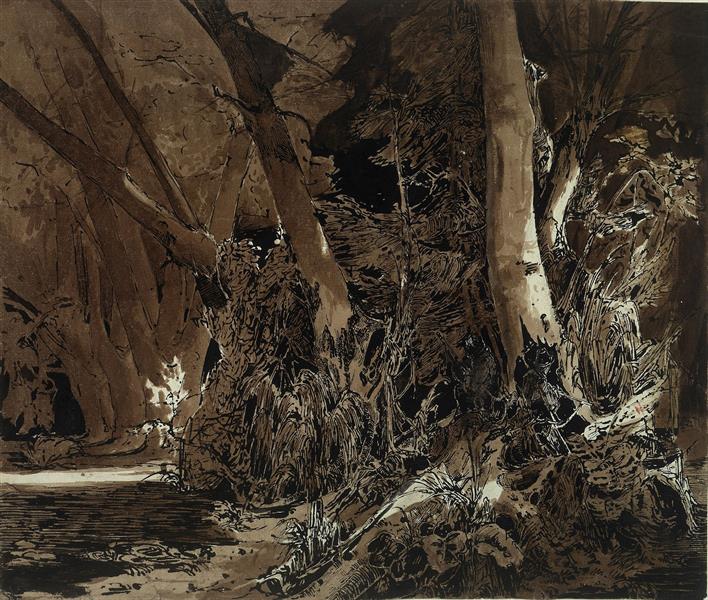 Forest Landscape with Flowing Water and Two Hunters, c.1835 - Карл Блехен