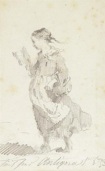 Girl striding out reading a book, 1853 - Alexandre Antigna