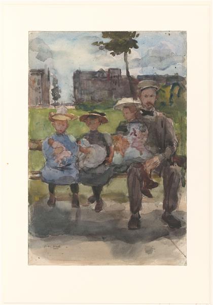 Man with three girls on a bench in the Oosterpark in Amsterdam, 1904 - Isaac Israels