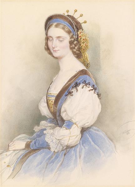 Portrait of a young lady in a blue dress, with lowered eyes, 1866 - 约瑟夫·克里胡贝尔