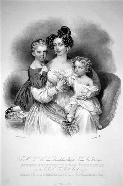 Ezerzogin Sophie von Austria with her children Franz Josef and Ferdinand Maximilian - Josef Kriehuber
