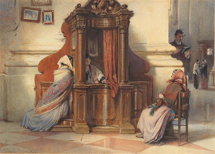 A Church Interior with Women at the Confessional - Ludwig Passini
