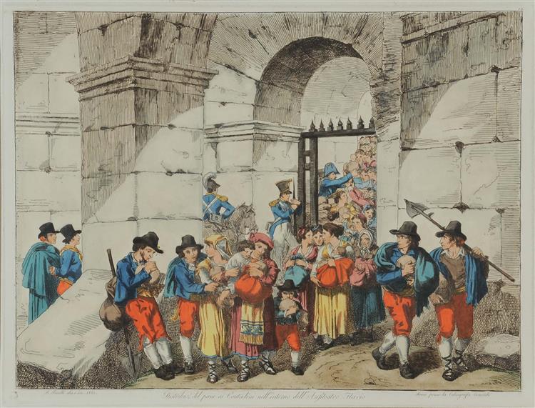Distribution of bread to the farmers, inside the Flavian Amphitheater, 1831 - Bartolomeo Pinelli