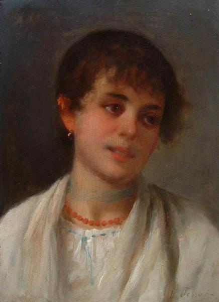 Young peasant woman with red necklace, c.1890 - Vittorio Tessari