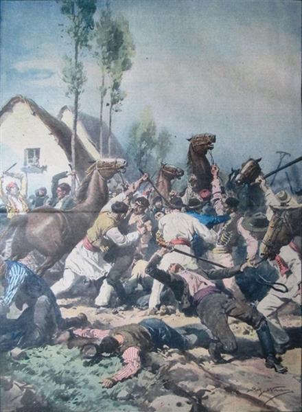 A mob of thieves had raided horses in the Romanian village of Izmall. Raised the alarm, the peasants chased and caught up with them. After a very fierce fight, with dead and wounded, the skidded horses were taken back by their masters, 1931 - Achille Beltrame